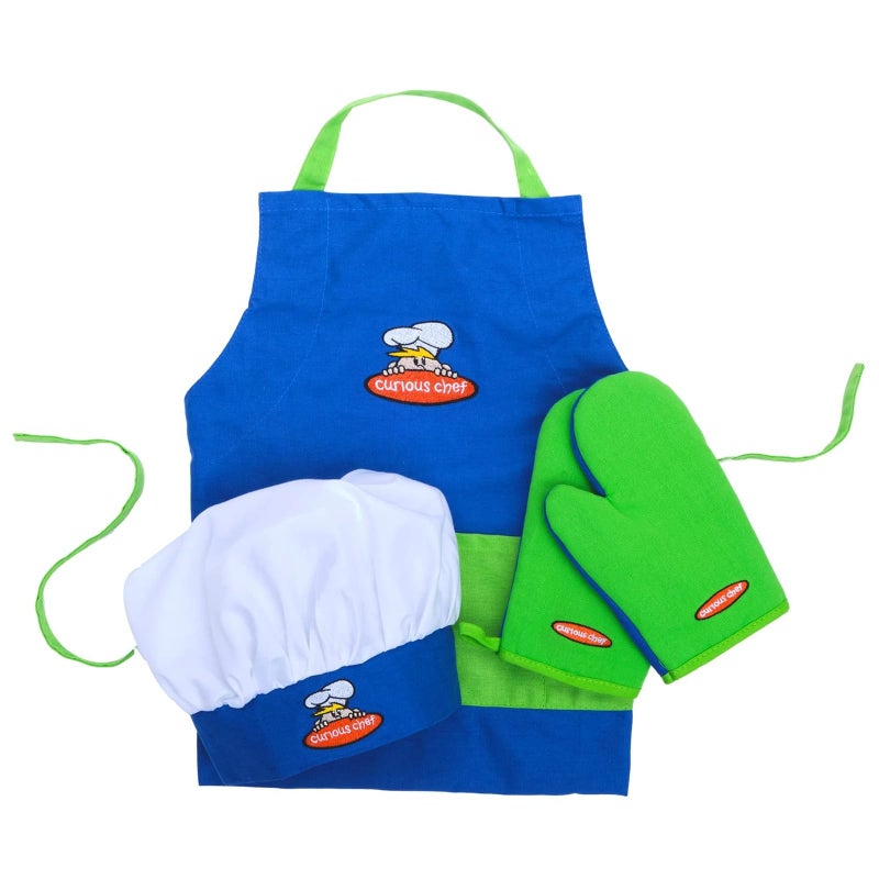 Curious Chef Child Textile Set - 4-Piece Set I Real Chef's Wear for Children I Child-Sized Apron, Oven Mitts & Hat I Machine Washable I Machine Washable I Blue/Green - Image 1